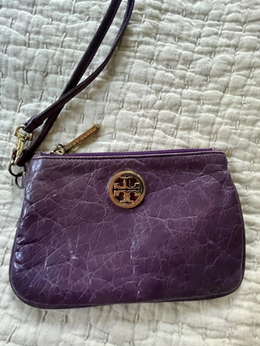 TORY BURCH Purple Crackle Leather Zip Coin Card Purse Wristlet